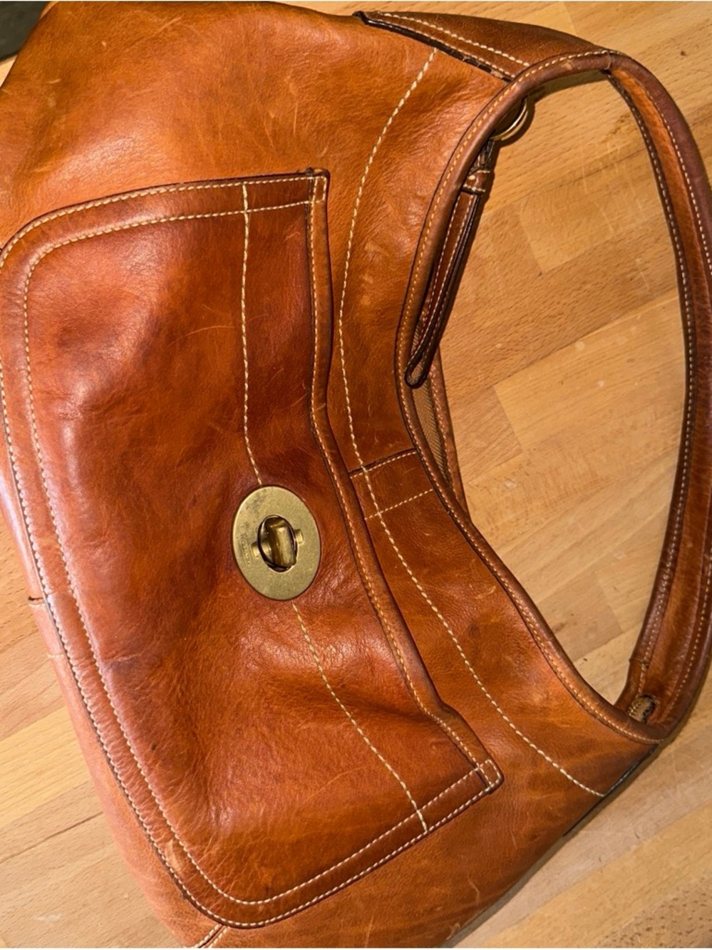 Coach Leather Shoulder Bag in Cognac Brown with Brass Turn-Lock